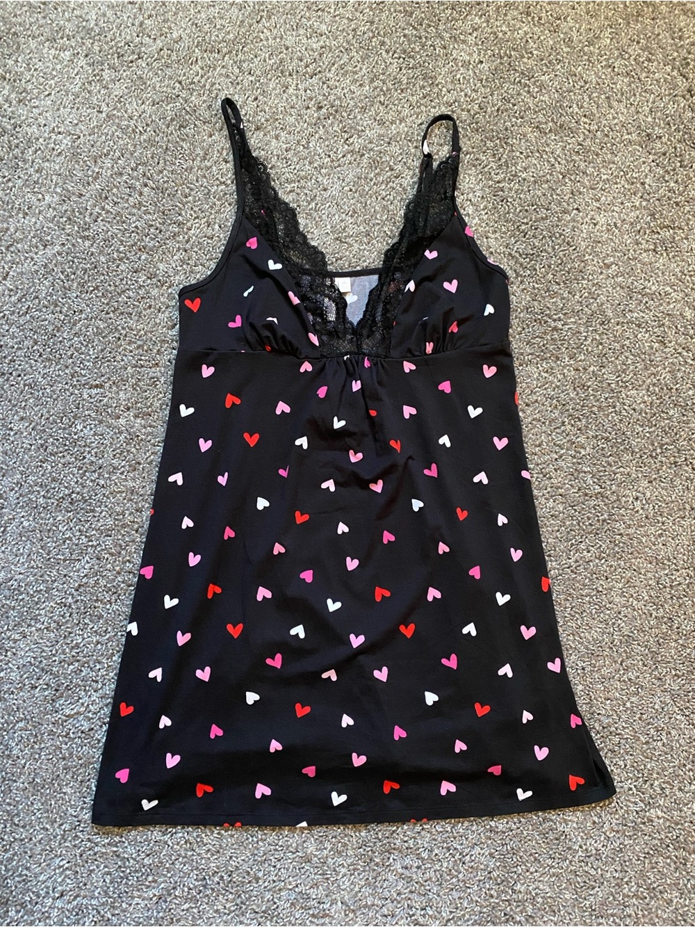 Women's Heart Print Black Lace Slip Dress